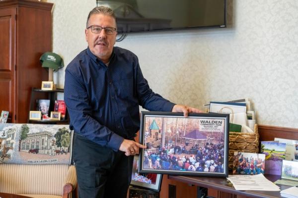 CEO Derrik Wynkoop talks about the bank's community work in his office at Walden Savings Bank in Montgomery, N.Y., on July 18, 2023. (Cara Ding/The Epoch Times)