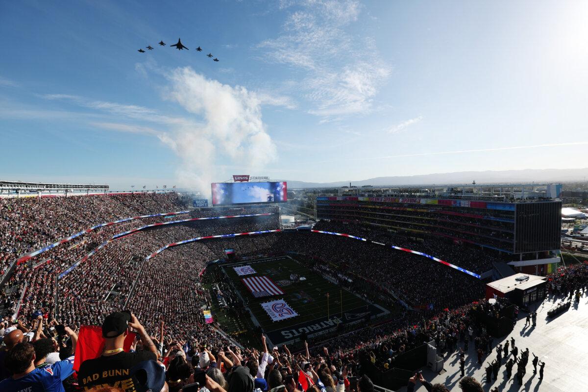 Jets fly over the stadium prior to the start of Super Bowl LX between the Seattle Seahawks and the New England Patriots at Levi's Stadium in Santa Clara, Calif., on Feb. 8, 2026. (Ishika Samant/Getty Images)