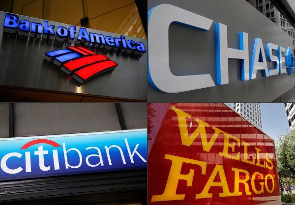 This combination made from file photos shows bank branches of, clockwise from top left, Bank of America, Chase, Wells Fargo, and Citibank. (AP Photo)