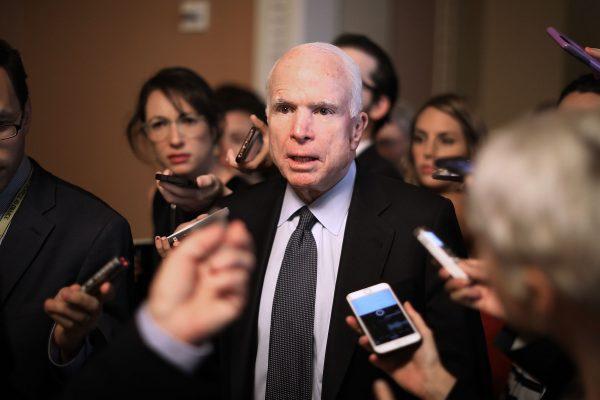 Sen. John McCain (R-Ariz.) speaks to reporters at the Capitol on July 13, 2017. (Chip Somodevilla/Getty Images)