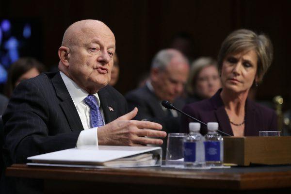Former director of national intelligence James Clapper (L) and former acting U.S. Attorney General Sally Yates testify before the Senate Judicary Committee's Subcommittee on Crime and Terrorism on May 8, 2017. (Chip Somodevilla/Getty Images)