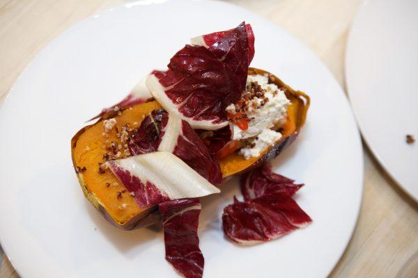 Roasted Honeynut Squash With Housemade Ricotta, Chicories, and Crispy Quinoa by chef Suzanne Cupps of Untitled at the Whitney Museum in New York, served at a James Beard House dinner this fall. Honey nut squash is displacing butternut squash on some restaurant menus. (Clay Williams)