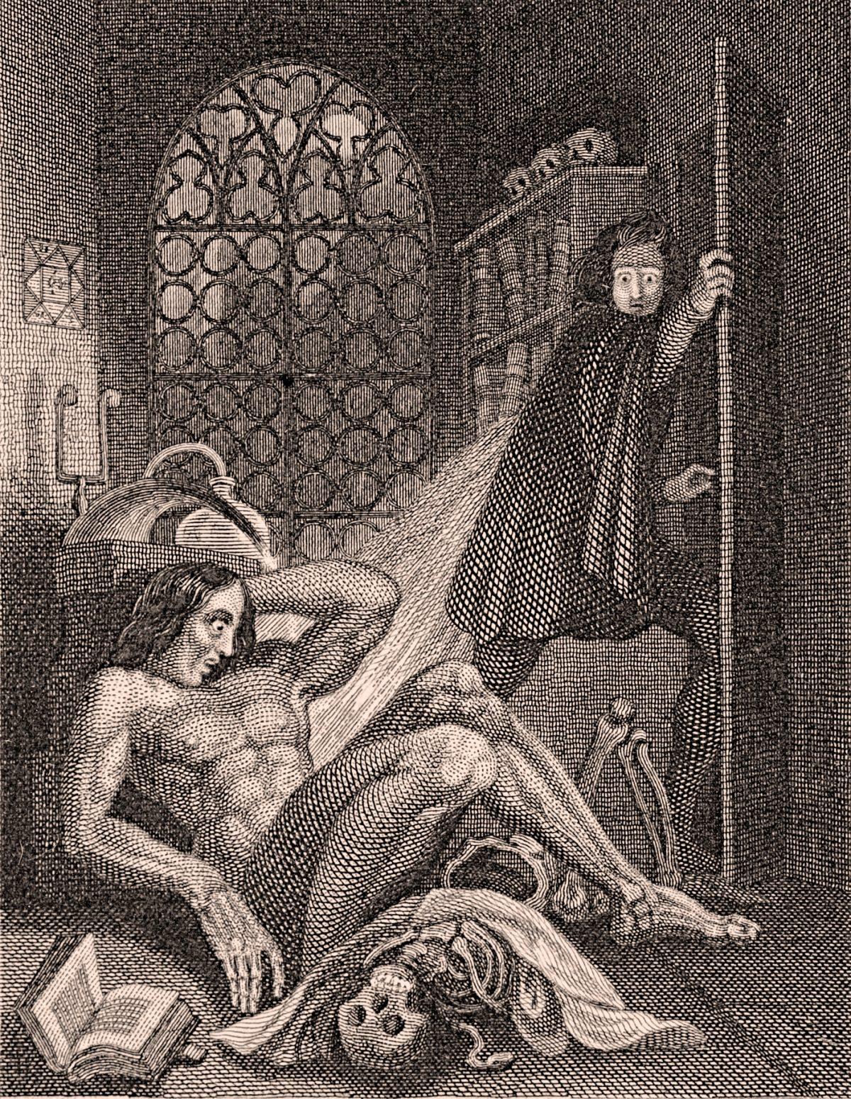 Victor Frankenstein becoming disgusted at his creation. Steel engraving by Theodor von Holst from the frontispiece of the 1831 revised edition of “Frankenstein” by Mary Shelley, published by Colburn and Bentley, London 1831. The novel was first published in 1818. (Public domain)