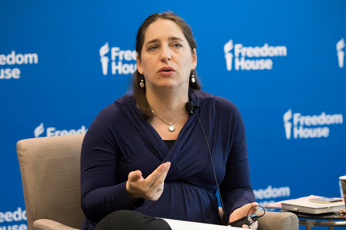 Sarah Cook, Senior research analyst for East Asia, Freedom House, at a panel discussion on "Forbidden Feeds: Government Controls on Social Media in China" at Freedom House in Washington on March 19, 2018. (Samira Bouaou/The Epoch Times)