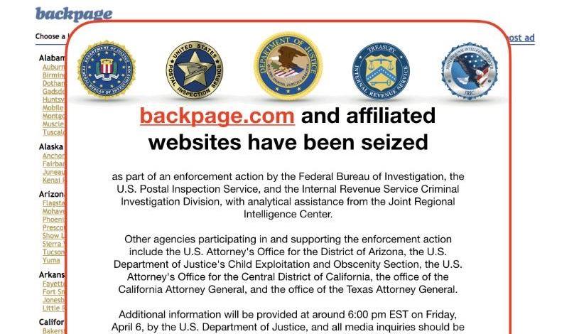 This screen grab image obtained April 9, 2018 shows backpage.com and affiliated websites that have been seized by the FBI in Washington. (-/AFP/Getty Images)