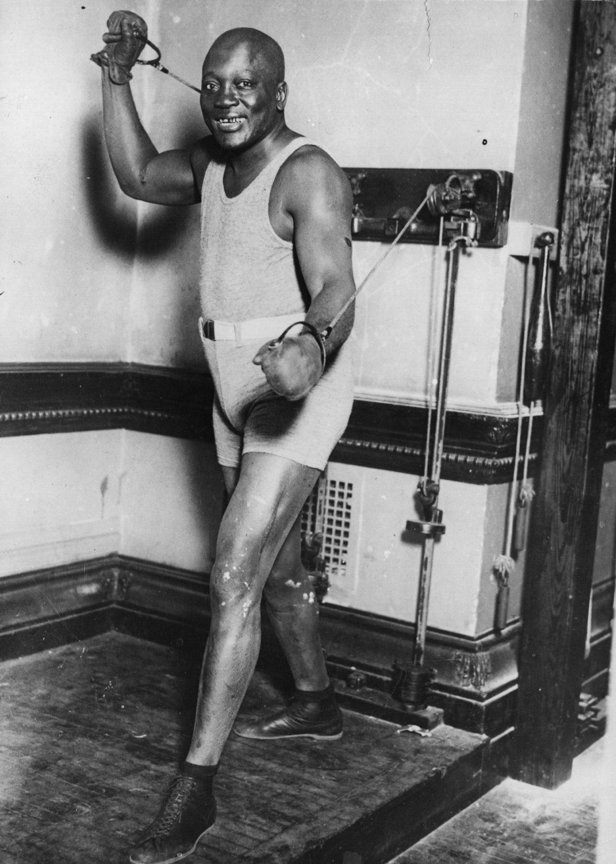 The US boxer Jack Johnson, (1878 - 1946), training. (Keystone/Getty Images)