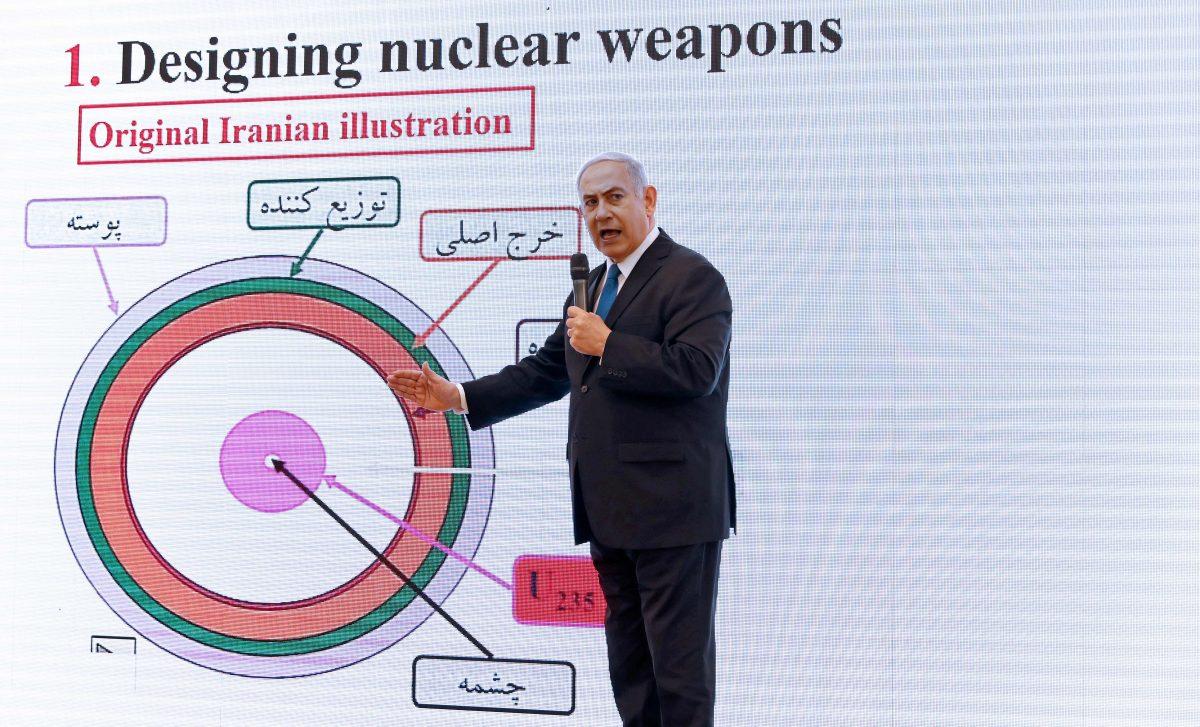 Israeli Prime Minister Benjamin Netanyahu delivers a speech on Iran's nuclear program at the defense ministry in Tel Aviv on April 30, 2018. (JACK GUEZ/AFP/Getty Images)