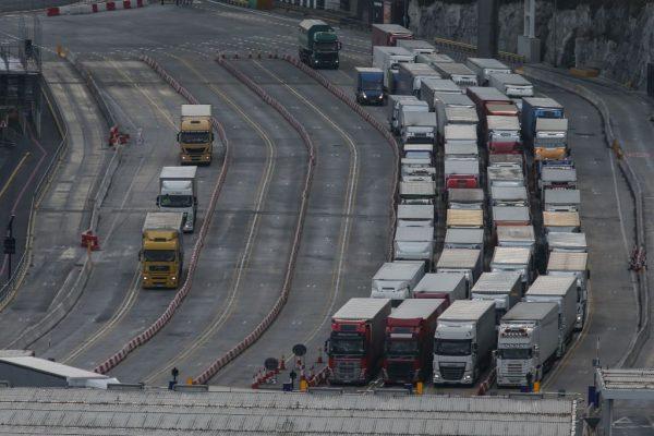 Lorries queue at the entrance of the port of Dover on the south coast of England on March 19, 2018. (Daniel Leal-Olivas/AFP/Getty Images)