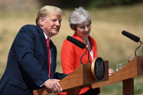 U.S. President Donald Trump and UK Prime Minister Theresa May at a press conference following their meeting at Chequers, the prime minister's country residence, on July 13, 2018. (Jack Taylor/AFP/Getty Images)