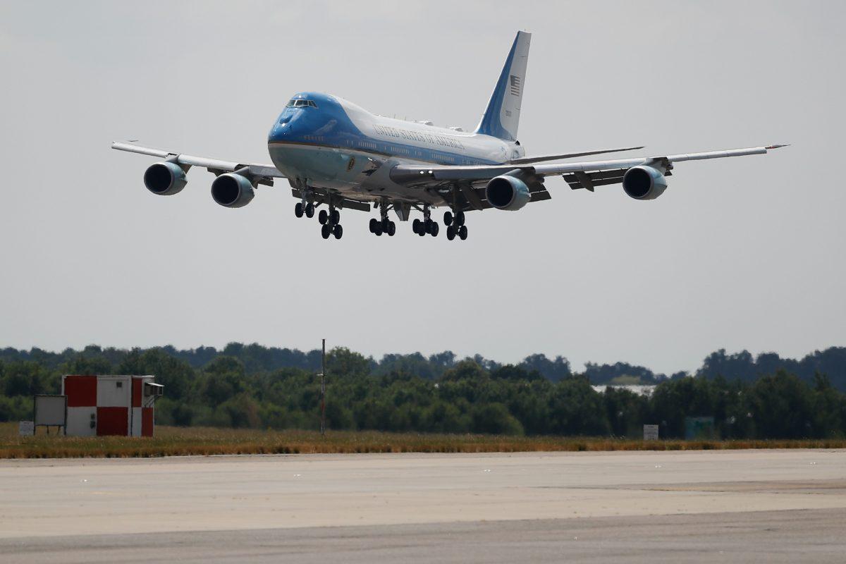 President Donald Trump lands aboard Air Force One at Stansted Airport, north of London on July 12, 2018, as he begins his first visit to the UK as president. (OLGA AKMEN/AFP/Getty Images)