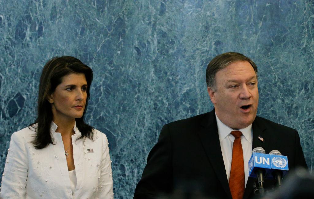 U.S. Secretary of State Mike Pompeo speaks to members of the media next to U.S. Ambassador to the U.N. Nikki Haley at the UN headquarters on July 20, 2018, in New York City. Pompeo met with the U.N. Security Council for a briefing on the North Korea Summit. (Kena Betancur/Getty Images)