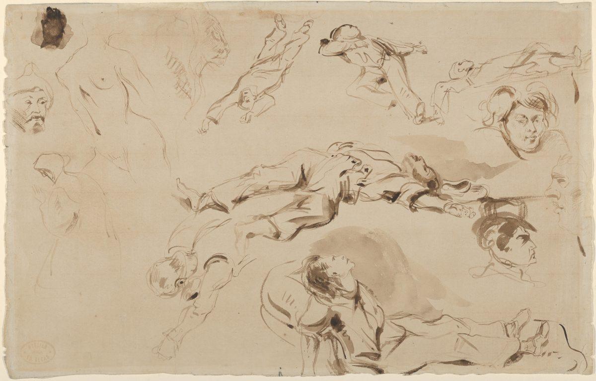 "Figure Studies, related to "Liberty Leading the People," 1830, by Eugène Delacroix (1798–1863). Pen and brown ink, brush and brown wash, 8 7/16 inches by 13 7/16 inches. The Metropolitan Museum of Art, New York, a gift from the Karen B. Cohen Collection of Eugène Delacroix, in honor of<br/>Keith Christiansen, 2013. (The Metropolitan Museum of Art)