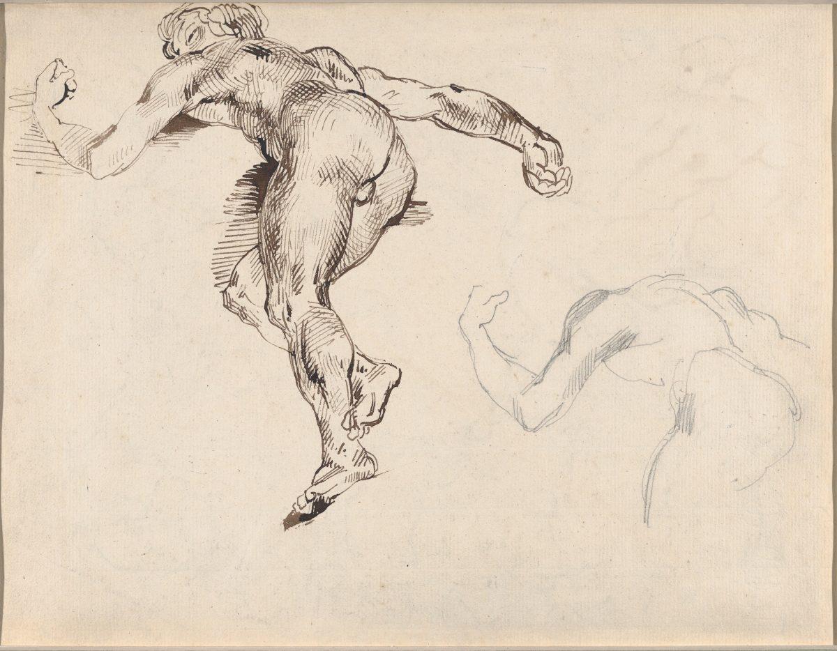 <i>"</i>Two Studies of a Reclining Male Nude, after Théodore Gericault" (recto); "Figure Studies after Rubens's “Fall of the Damned” (verso); circa 1820–22; by Eugène Delacroix (1798–1863). Graphite, pen and brown ink (recto); pen and brush and brown ink (verso); 10 inches by 13 1/16 inches. The Metropolitan Museum of Art, promised gift from the Karen B. Cohen Collection of Eugène Delacroix, in honor of Clement C. Moore II. (The Metropolitan Museum of Art)