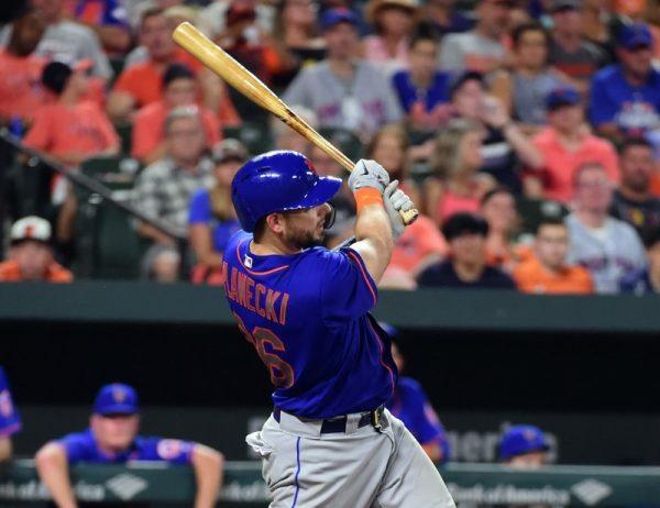 New York Mets catcher Kevin Plawecki hits a grand slam in the sixth inning against the Baltimore Orioles. (Evan Habeeb/USA Today Sports)
