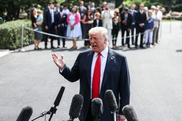 President Donald Trump talks to the media at the White House before leaving for Bedminster, N.J., on Aug. 17, 2018. (Samira Bouaou/The Epoch Times)