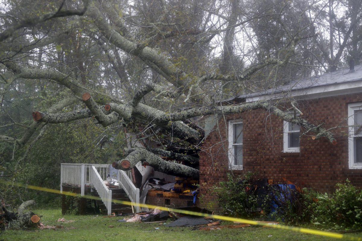 A fallen tree after it crashed through the home where a woman and her baby were killed in Wilmington, N.C., after Hurricane Florence made landfall Friday, Sept. 14, 2018. (Chuck Burton/AP Photo)