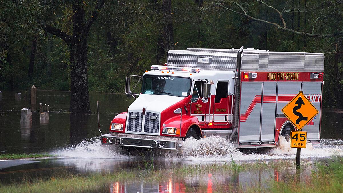An emergency truck drives through Hurricane Florence’s flood water in Grifton, North Carolina on Sept. 16, 2018. (Andrew Caballero-Reynolds/AFP/Getty Images)