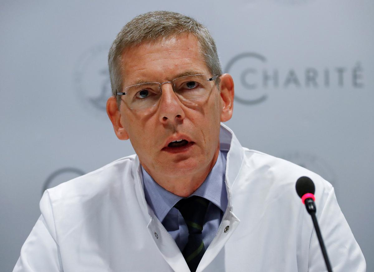 Dr. Kai-Uwe Eckardt addresses a news conference about treatment of Pyotr Verzilov at the Charite hospital in Berlin, Germany, on Sept. 18, 2018. (Fabrizio Bensch/Reuters)