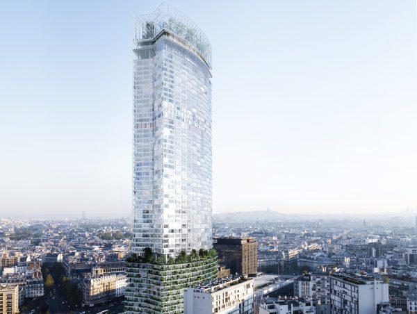 A conceptual image of the iconic Tour Montparnasse in Paris after renovations with a greenhouse at the top. (Nouvelle AOM)