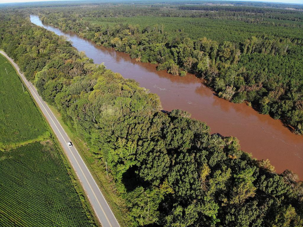 The Cape Fear River is seen from above after it crested at 61.4 feet from the rainfall brought on by Hurricane Florence in Fayetteville, N.C., on Sept. 19, 2018. (Joe Raedle/Getty Images)