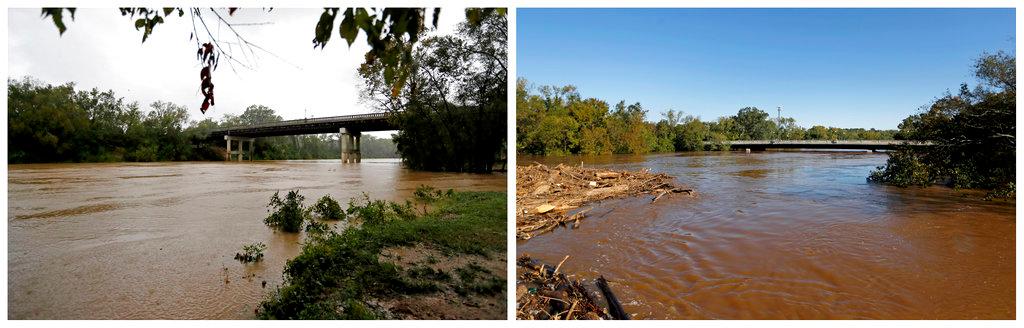 In this combination of photos, Cape Fear River flows under the Person Street bridge on Sept. 15, 2018, left, and on Sept. 19, 2018, in the aftermath of Hurricane Florence in Fayetteville, N.C. (AP Photo/David Goldman)