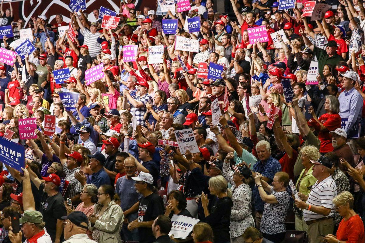 Attendees at President Donald Trump’s Make America Great Again rally in Springfield, Mo., Sept. 21, 2018. (Charlotte Cuthbertson/The Epoch Times)