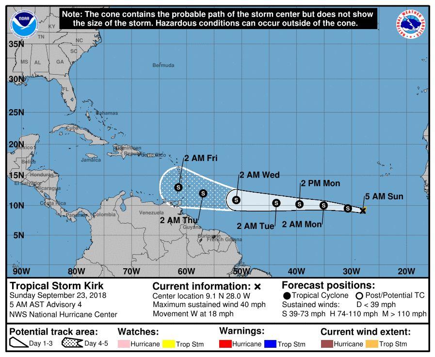 The storm, which has 40 mph winds, is moving west at 18 mph, and according to the NHC, it’s “accelerating westward over the eastern tropical Atlantic.” (NHC)