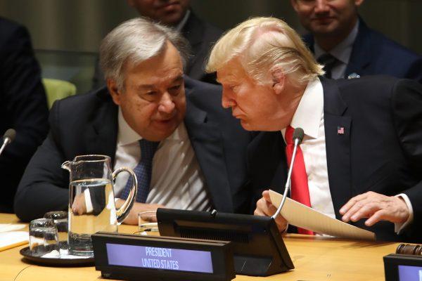 President Donald Trump speaks with UN Secretary-General Antonio Guterres during a meeting on the global drug problem a day ahead of the official opening of the 73rd United Nations General Assembly in New York City on Sept. 24, 2018. (Spencer Platt/Getty Images)