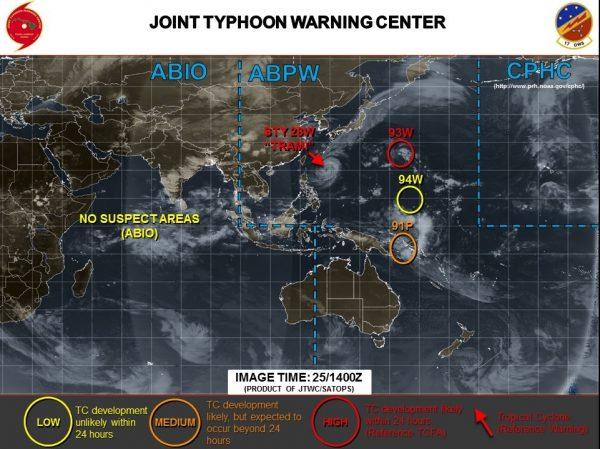 Tropical storm warning map showing tropical storm formations in the Asia-Pacific region. (Joint Typhoon Warning Center)