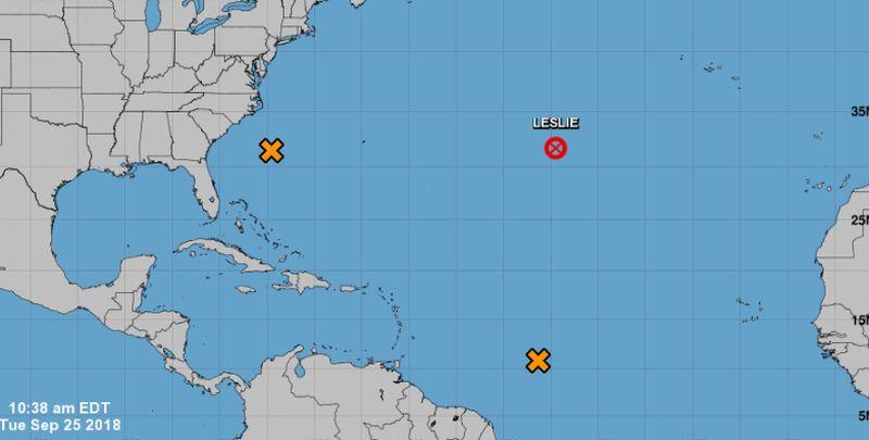 The U.S. National Hurricane Center (NHC) is now issuing advisories for Tropical Storm Rosa and isn’t issuing any more updates for Leslie, which was downgraded from a tropical storm this week. (NHC)