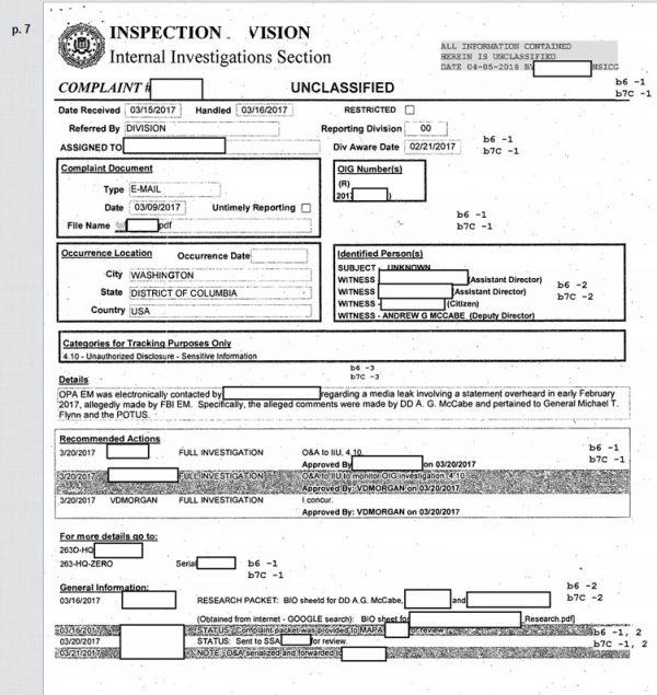 FBI document on Andrew McCabe's leak on Flynn. (FBI)
