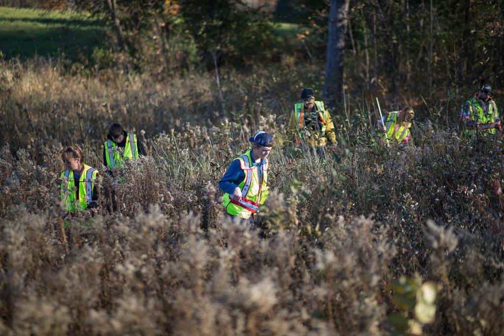 A group of volunteers searched the ditches along highway 8 near the home where 13-year-old Jayme Closs lived with her parents James, and Denise in Barron, Wisconsin on Oct. 18, 2018. (Jerry Holt /Star Tribune via AP)