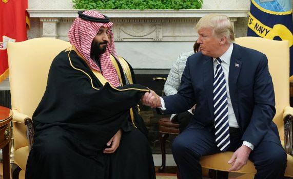 President Donald Trump (R) shakes hands with Saudi Arabia's Crown Prince Mohammed bin Salman in the Oval Office on March 20, 2018. (Mandel Ngan/AFP/Getty Images)