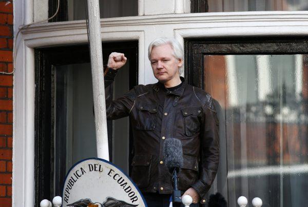 Wikileaks founder Julian Assange speaks on the balcony of the Embassy of Ecuador in London on May 19, 2017. (Neil Hall/Reuters)