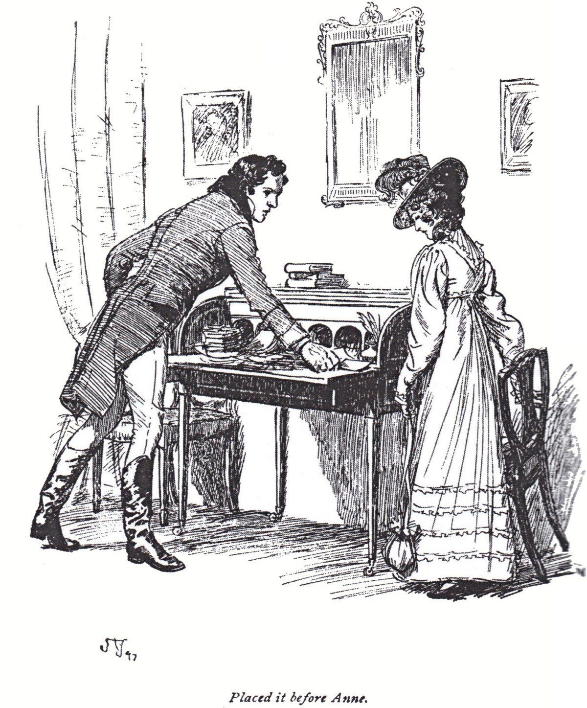 Captain Wentworth presents Anne with a letter in which he declares his love for her. Illustration by Hugh Thomson, in the 1897 edition of “Persuasion.” (Public Domain)