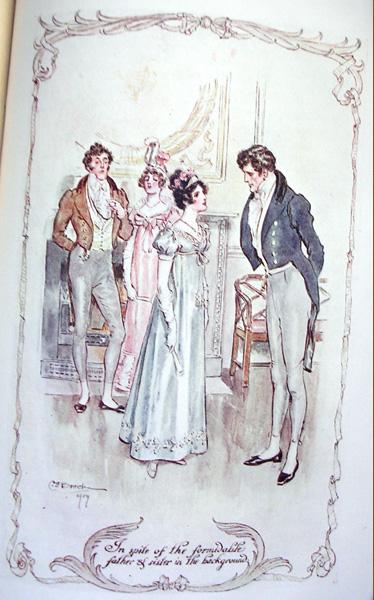 Anne and Captain Wentworth speak in spite of Anne’s snobbish father and sister, in the background. Illustration by C. E. Brock, in the 1909 edition of “Persuasion.” (Public Domain)