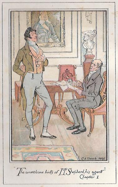 Sir Walter Elliot disapproves of his agent’s advice, in an illustration by C. E. Brock, in the 1898 edition of “Persuasion.” (Public Domain)