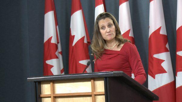 Canada's Foreign Minister Chrystia Freeland speaks to reporters at a press briefing in Ottawa, Canada on Dec. 12, 2018. (NTD Television)