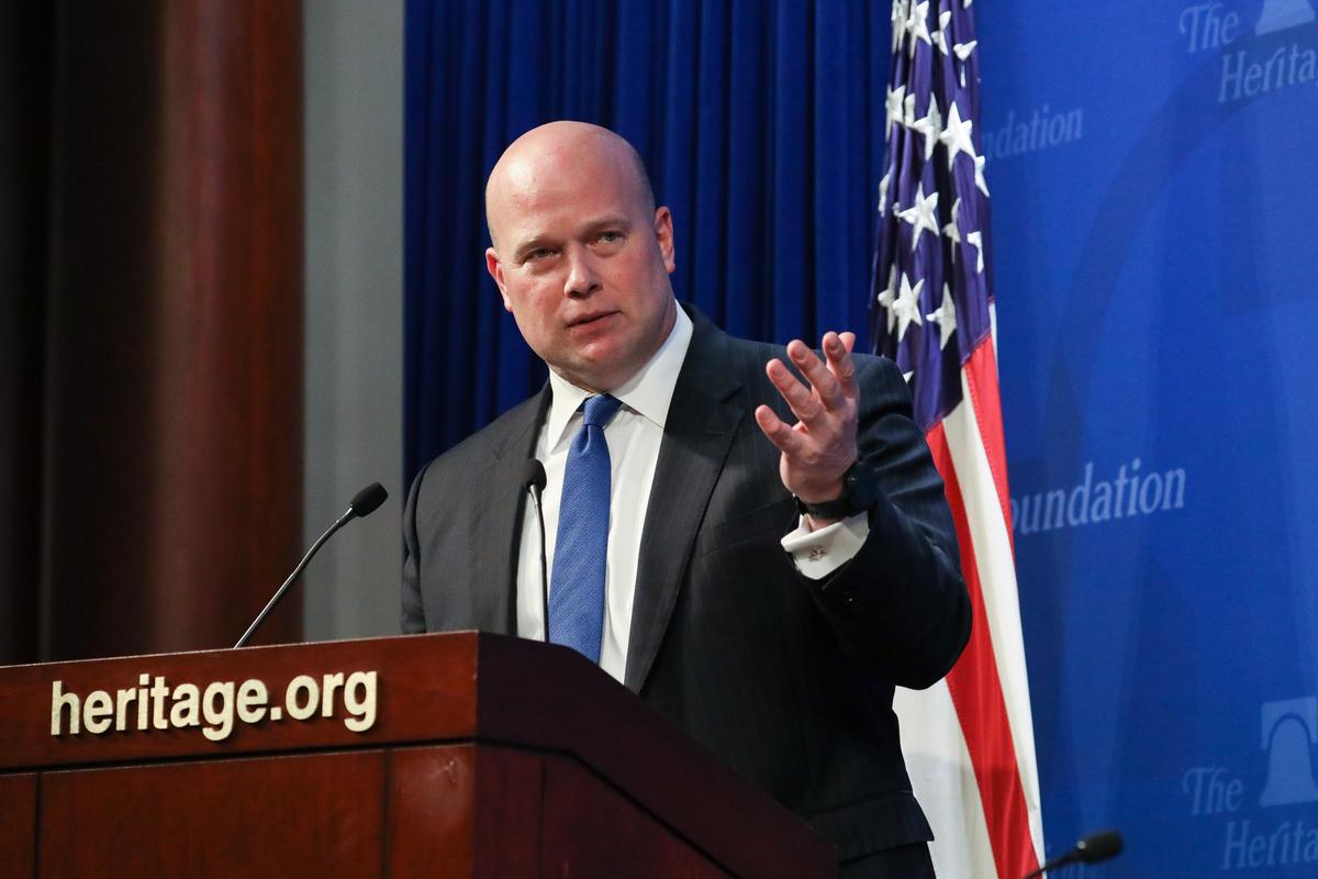 Acting Attorney General Matthew Whitaker delivers remarks at the commemoration of the 25th Anniversary of the Religious Freedom Restoration Act at the Heritage Foundation in Washington on Jan. 16, 2019. (Samira Bouaou/The Epoch Times)