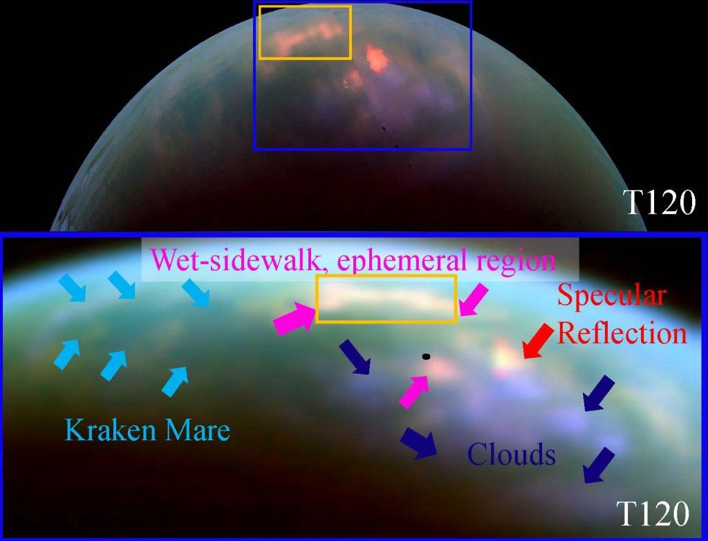 Titan’s north pole as seen by the Cassini Visual and Infrared Mapping Spectrometer. The orange box shows the “wet sidewalk” region, what analyses suggests is evidence of changing seasons and rain on Titan’s north pole. (NASA/JPL/University of Arizona/University of Idaho)