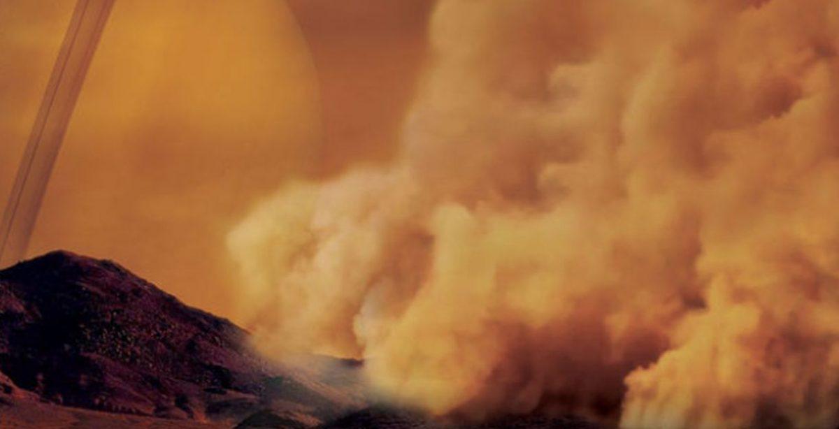 Artist's concept of a dust storm on Titan. (IPGP/Labex UnivEarthS/University Paris Diderot—C. Epitalon & S. Rodriguez)