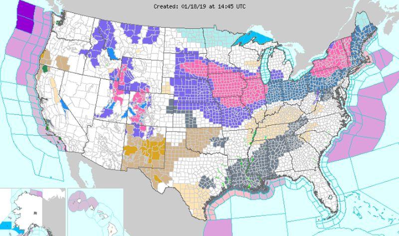 The purple, blue, and pink areas are where the NWS issued winter storm watches, warnings, or advisories. (NWS)