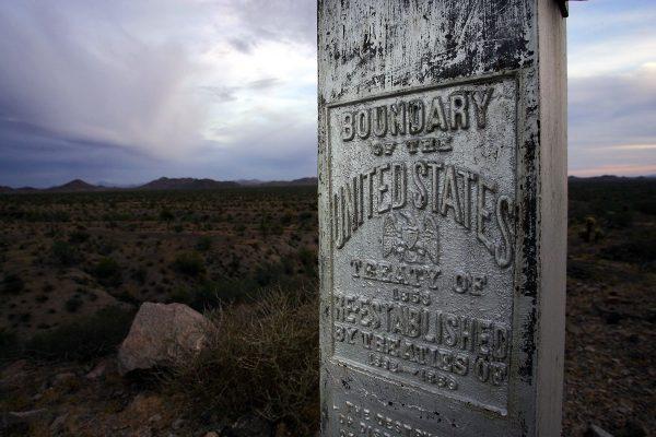 A monument marks the boundary between Mexico and the United States at the Cabeza Prieta National Wildlife Reserve near Ajo, Ariz., on March 27, 2006. (David McNew/Getty Images)