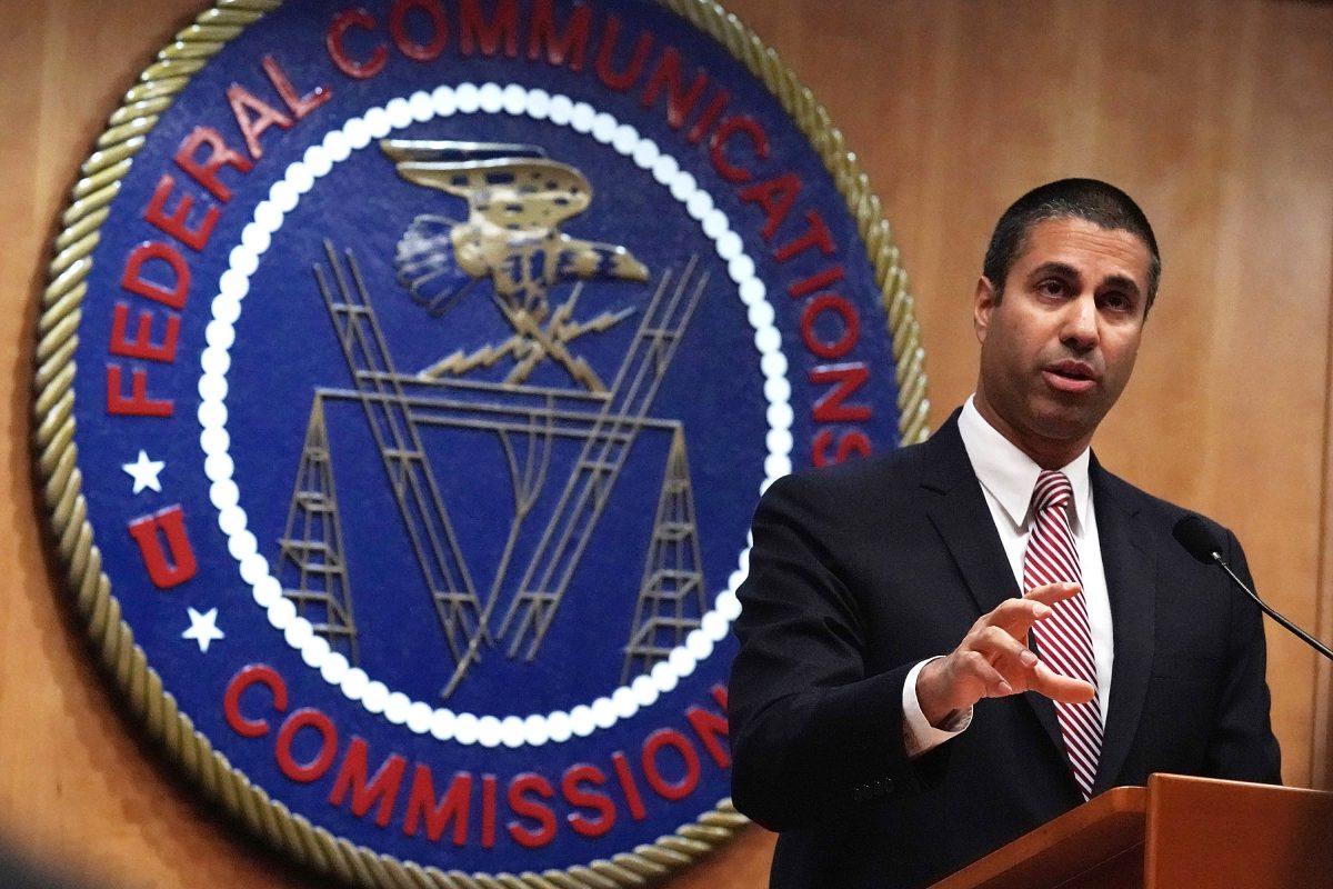 Federal Communications Commission Chairman Ajit Pai speaks to members of the media after a commission meeting in Washington on Dec. 14, 2017. (Alex Wong/Getty Images)