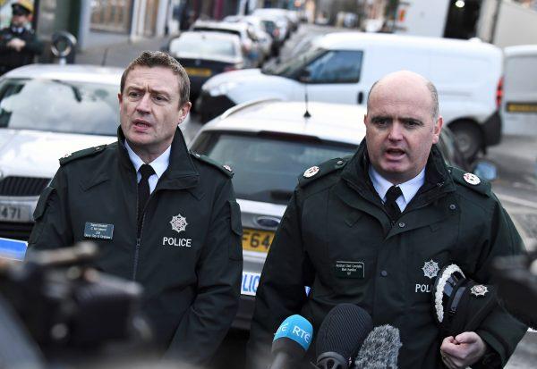 Police Superintendent Gordon McCalmont (L) and Assistant Chief Constable Mark Hamilton give a statement about the suspected car bomb in Londonderry, Northern Ireland, on Jan. 20, 2019. (Clodagh Kilcoyne/Reuters)
