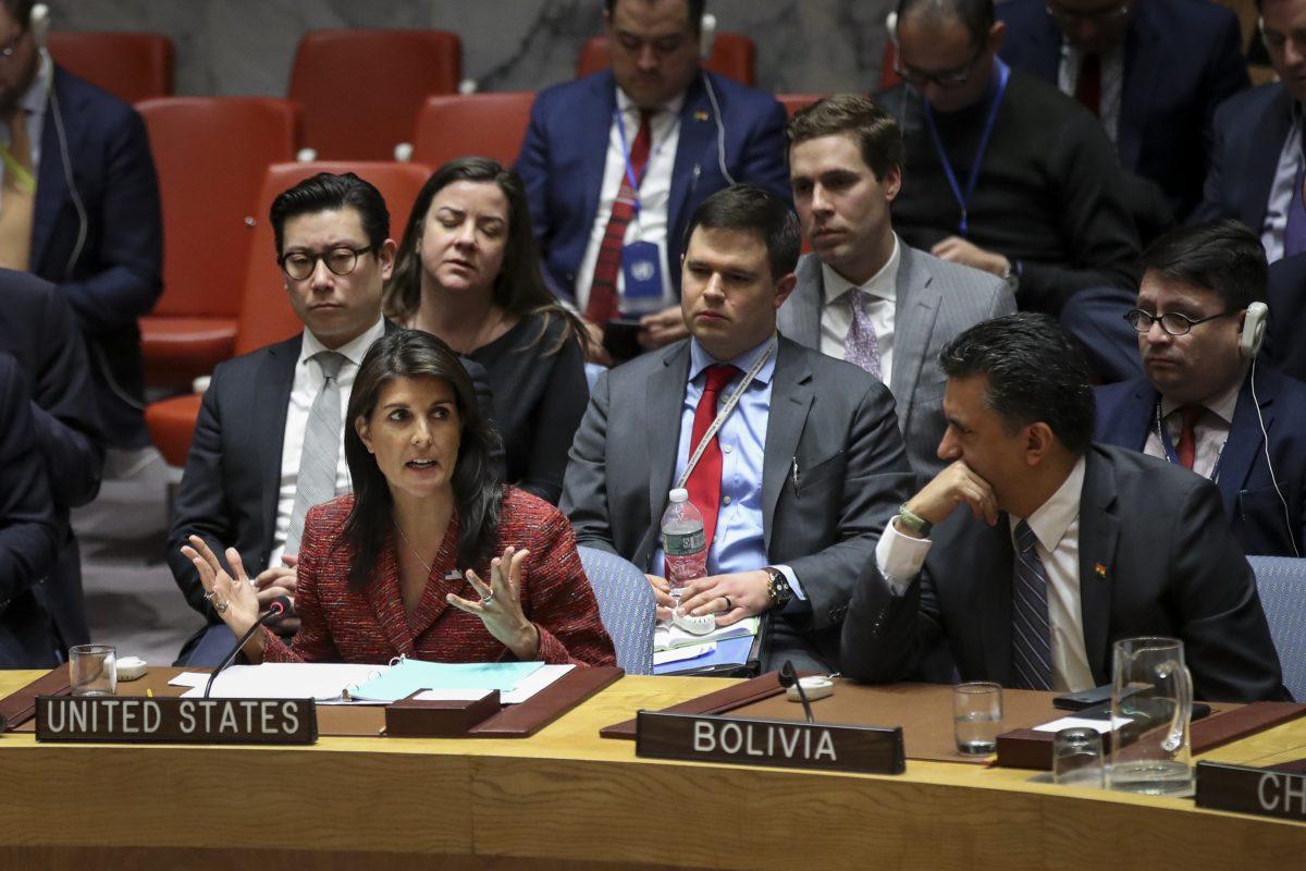 U.S. Ambassador to the United Nations Nikki Haley during a U.N. Security Council meeting regarding the situation in Syria, in New York on April 10, 2018. (Drew Angerer/Getty Images)