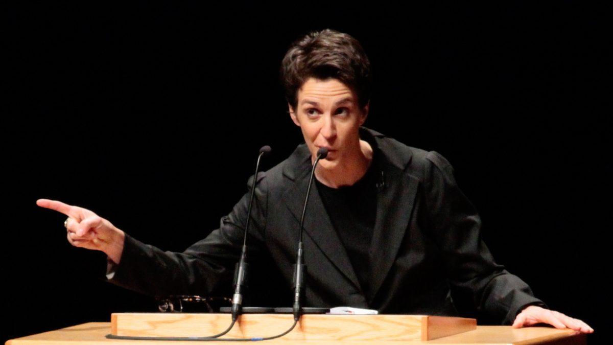 Rachel Maddow discusses the headlines of the day in Emens Auditorium at Ball State University, David Letterman's alma mater, Muncie, Ind., on Dec. 2, 2011. (Ron Hoskins/Getty Images)