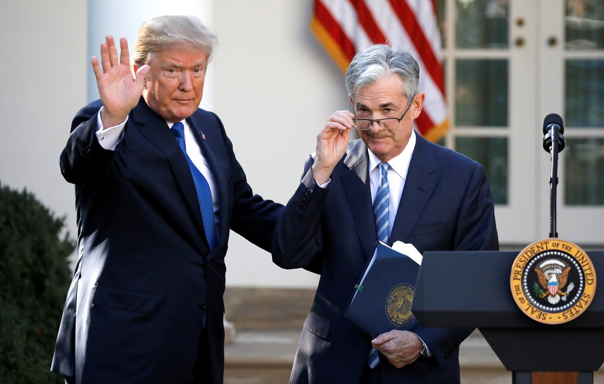 President Donald Trump gestures with Jerome Powell, at the time his nominee to become chairman of the U.S. Federal Reserve, at the White House in Washington, U.S., on Nov. 2, 2017. (Reuters/Carlos Barria)
