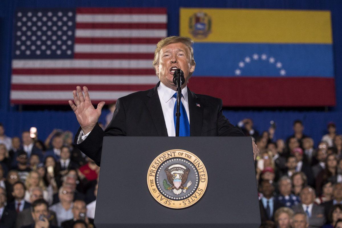 President Donald Trump speaks to a Venezuelan American community in Miami, on Feb. 18, 2019. (Andrew Harnik/AP Photo)