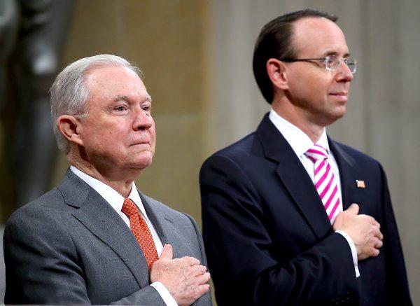 Attorney General Jeff Sessions (L) and Deputy Attorney General Rod Rosenstein (R) attend the Religious Liberty Summit at the Department of Justice July 30, 2018 in Washington. (Win McNamee/Getty Images)